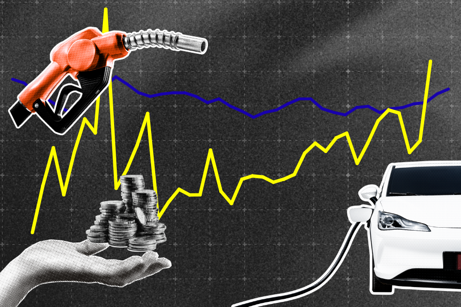 Collage of a fuel nozzle, coins, a charging cable, and a car over price charts.