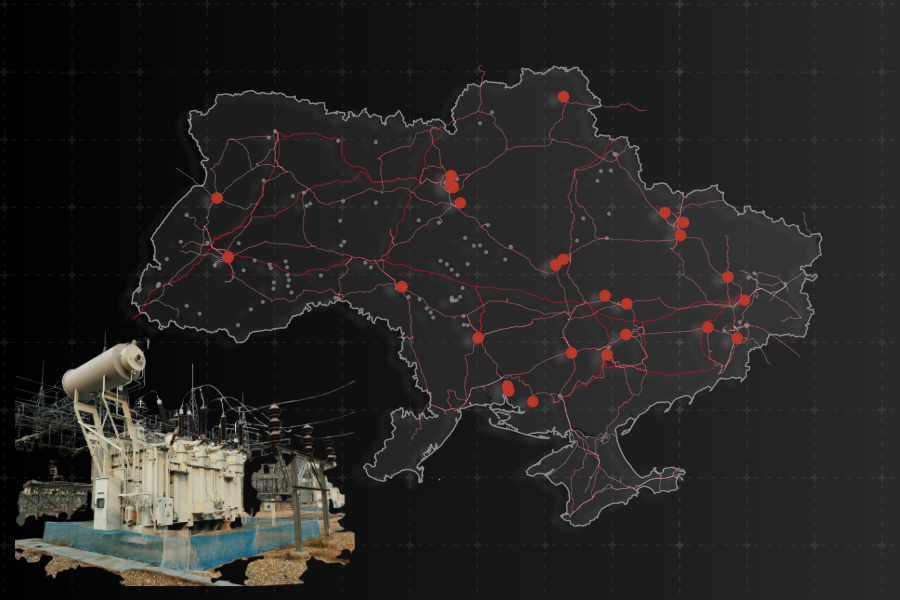 Map of Ukraine's power grid with red attacked energy sites and a damaged transformer.
