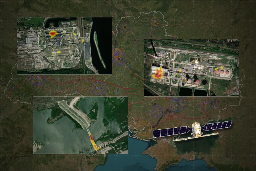 Satellite map of Ukraine with radar damage overlays on energy infrastructure.