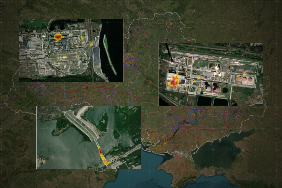 Satellite map of Ukraine with radar damage overlays on energy infrastructure.